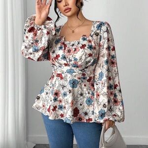 Plus Size Floral Print Square Collar Elegant Long Sleeve Top Shirt Blouse